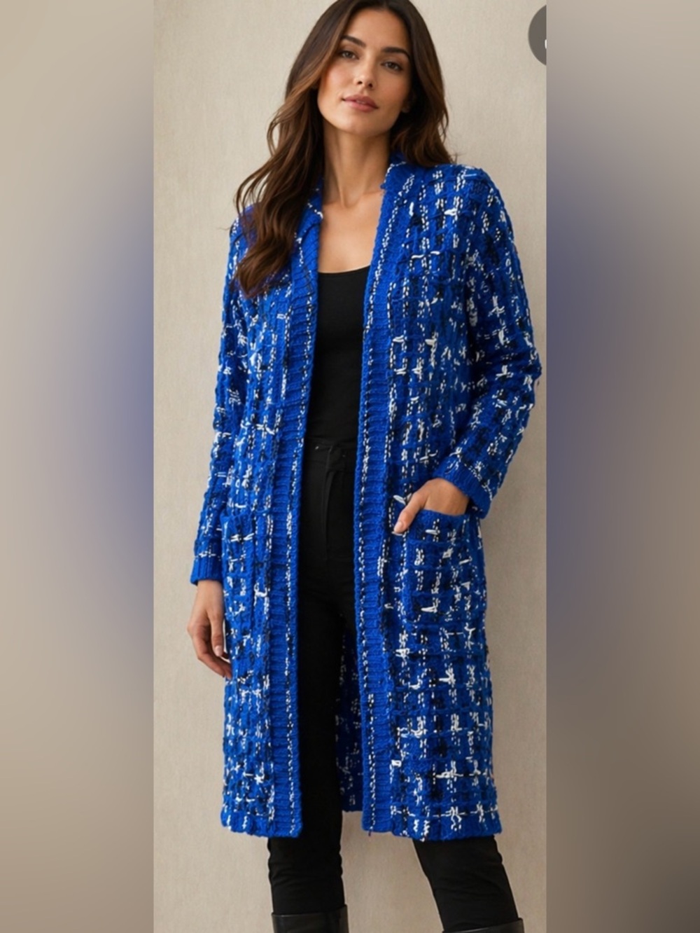 Vibrant Blue Knit Long Hooded Cardigan w/ Pocket Detail. Size M. 100% Acrylic.